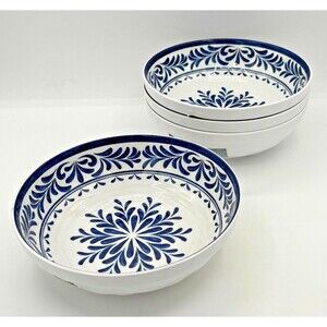 Sanibel Home Blue & White 100% Melamine Salad Pasta Bowls 8"D Set‎ of 4 NWT HTF
